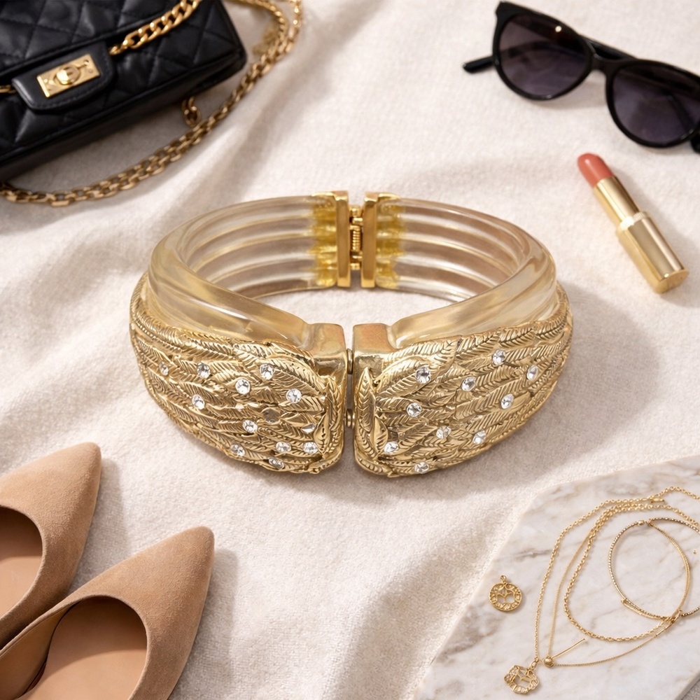 Betsey Johnson Wing Cuff Bracelet Gold Lucite Rhinestone Y2K Glam Vintage OS